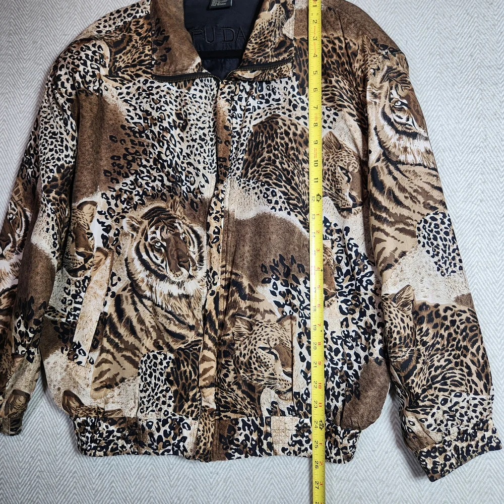 Vintage Fuda International Tiger Print 100% Silk Jacket Brown Tan Black - Picture 9 of 11